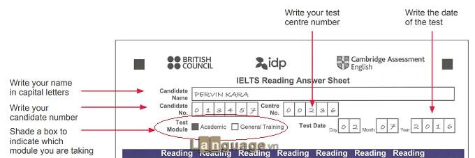 Phần điền thông tin cá nhân của IELTS Answer Sheet Reading và Listening Test Module